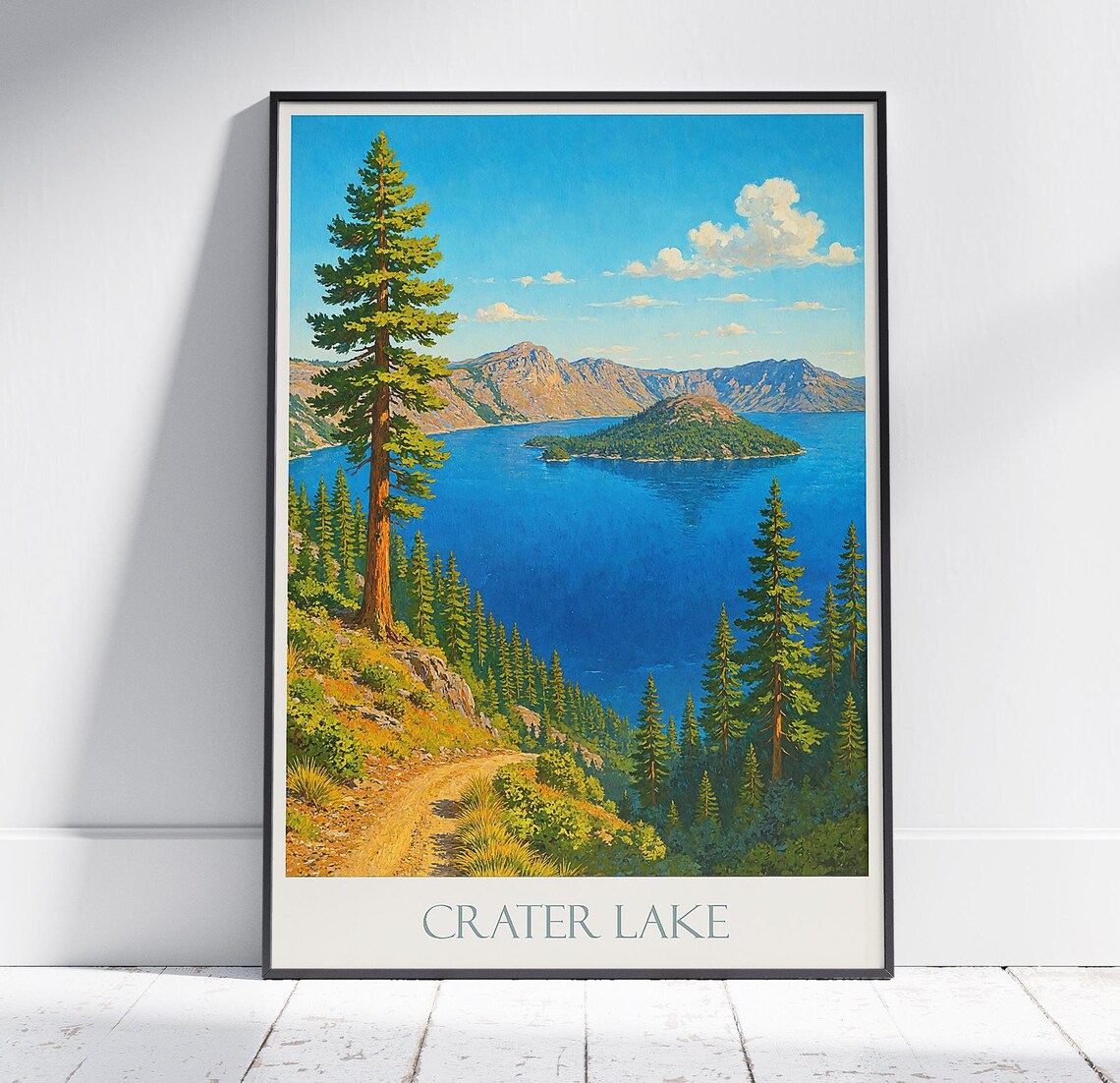 Crater Lake Oregon Wizard Island Vintage National Park Travel Poster