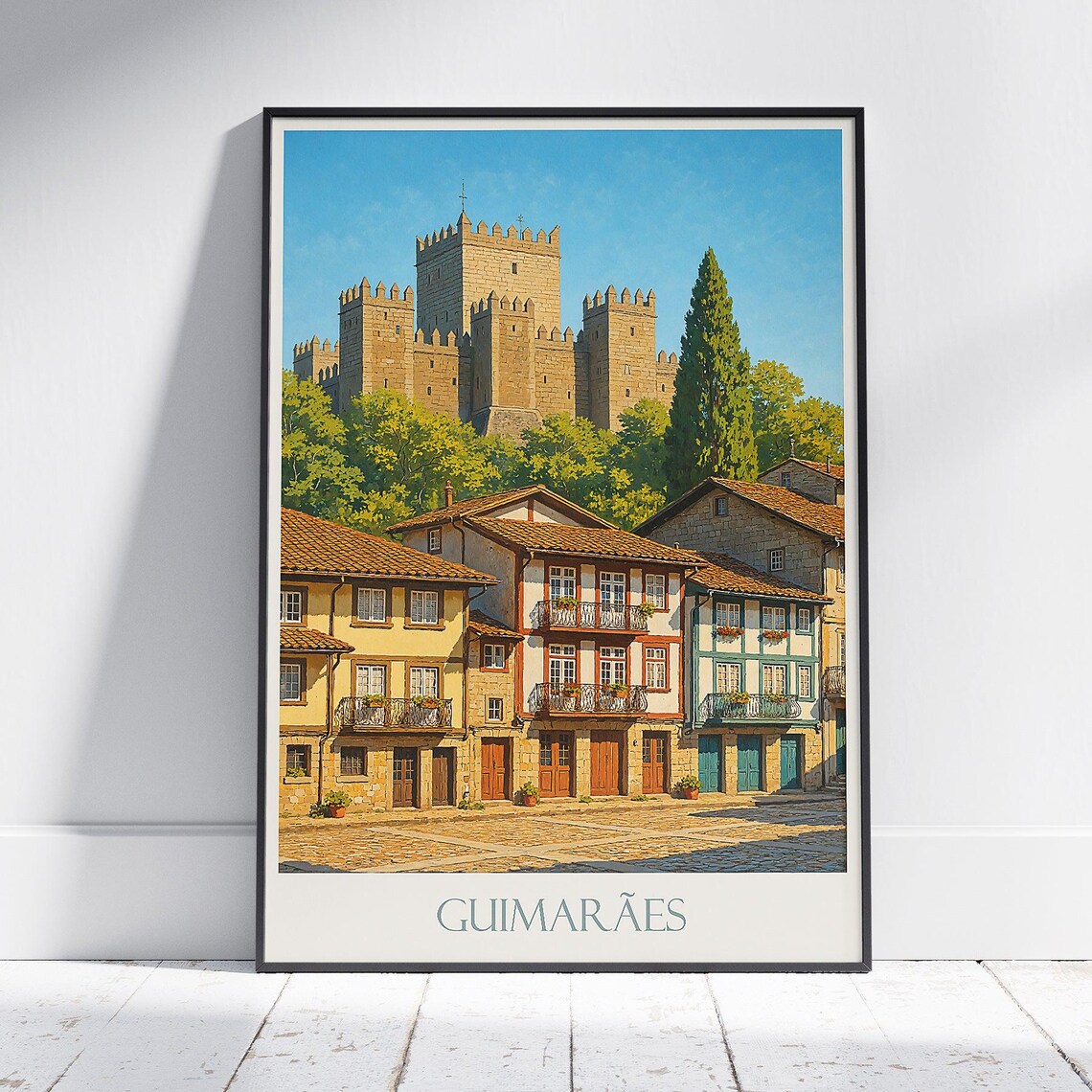 Guimaraes Portugal Medieval Castle Old Town Street Vintage Travel Poster