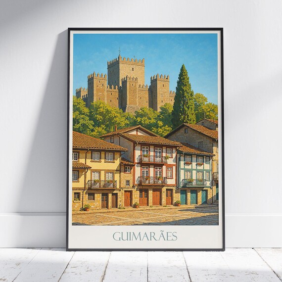 Guimaraes Portugal Medieval Castle Old Town Street Vintage Travel Poster