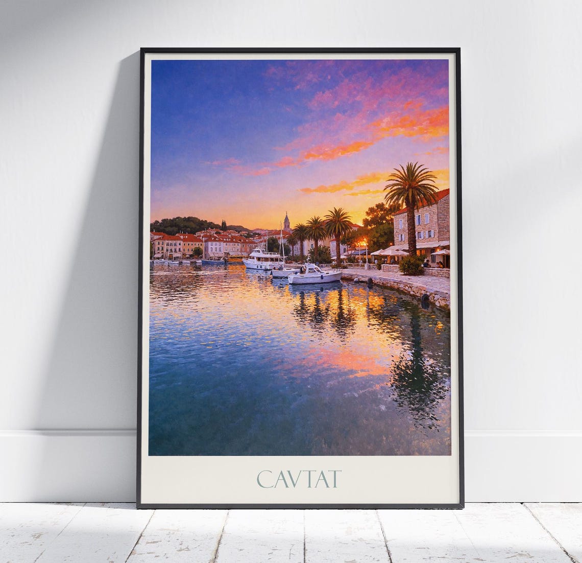 Cavtat Croatia Sunset Harbor Boats Travel Poster Pink Sky Palm Trees