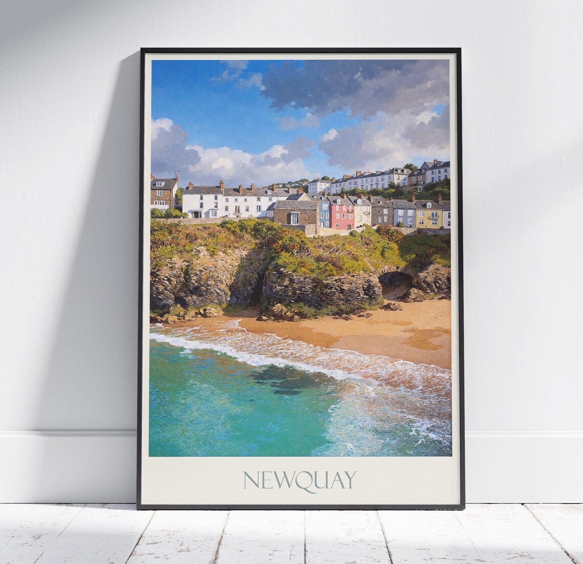 Newquay Cornwall Clifftop Cottages Beach Vintage Travel Poster
