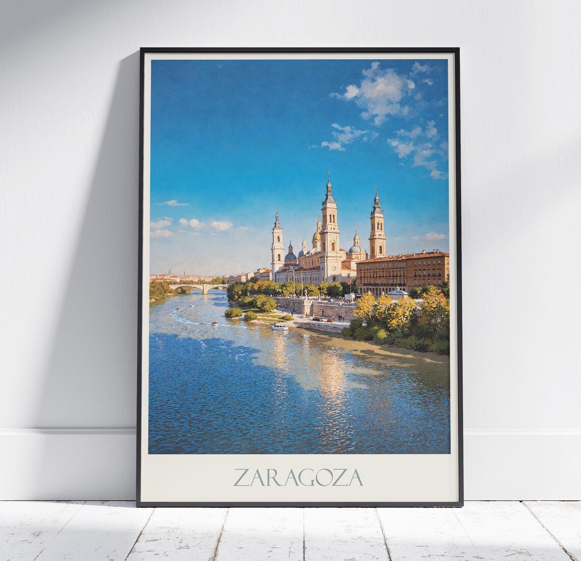 Zaragoza Riverside Skyline Golden Evening Church Towers Travel Poster