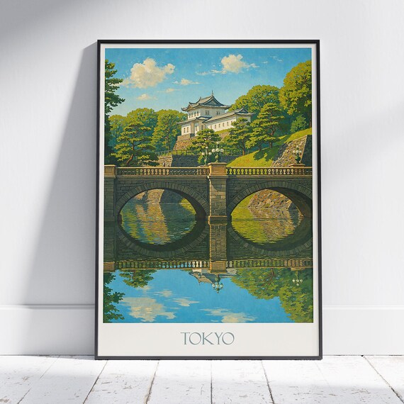 Tokyo Imperial Palace Double Bridge Reflection Vintage Poster