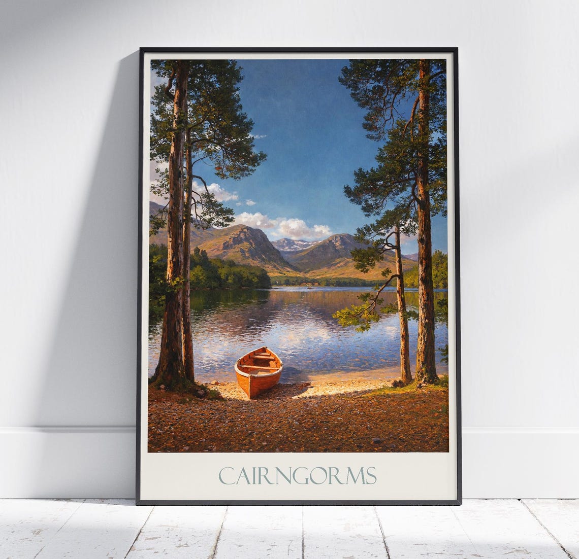 Cairngorms Scotland Loch Rowboat Pines Mountain Travel Poster