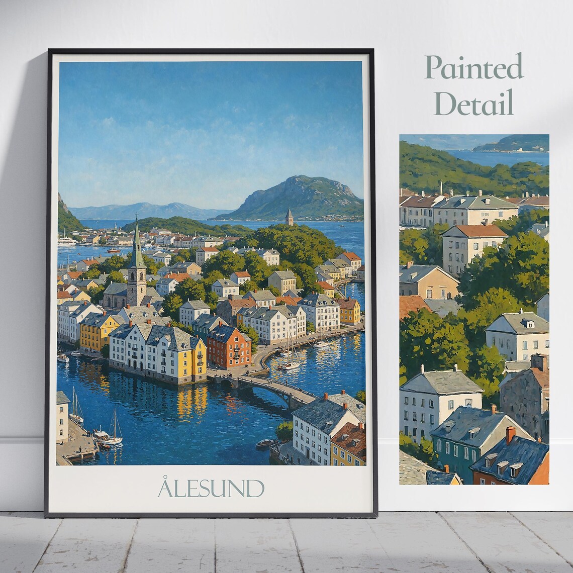 Ålesund Norway Harbor Town Painted Vintage Cityscape Travel Poster