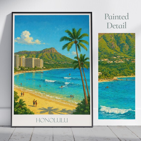 Honolulu Hawaii Waikiki Beach Diamond Head Painted Travel Poster
