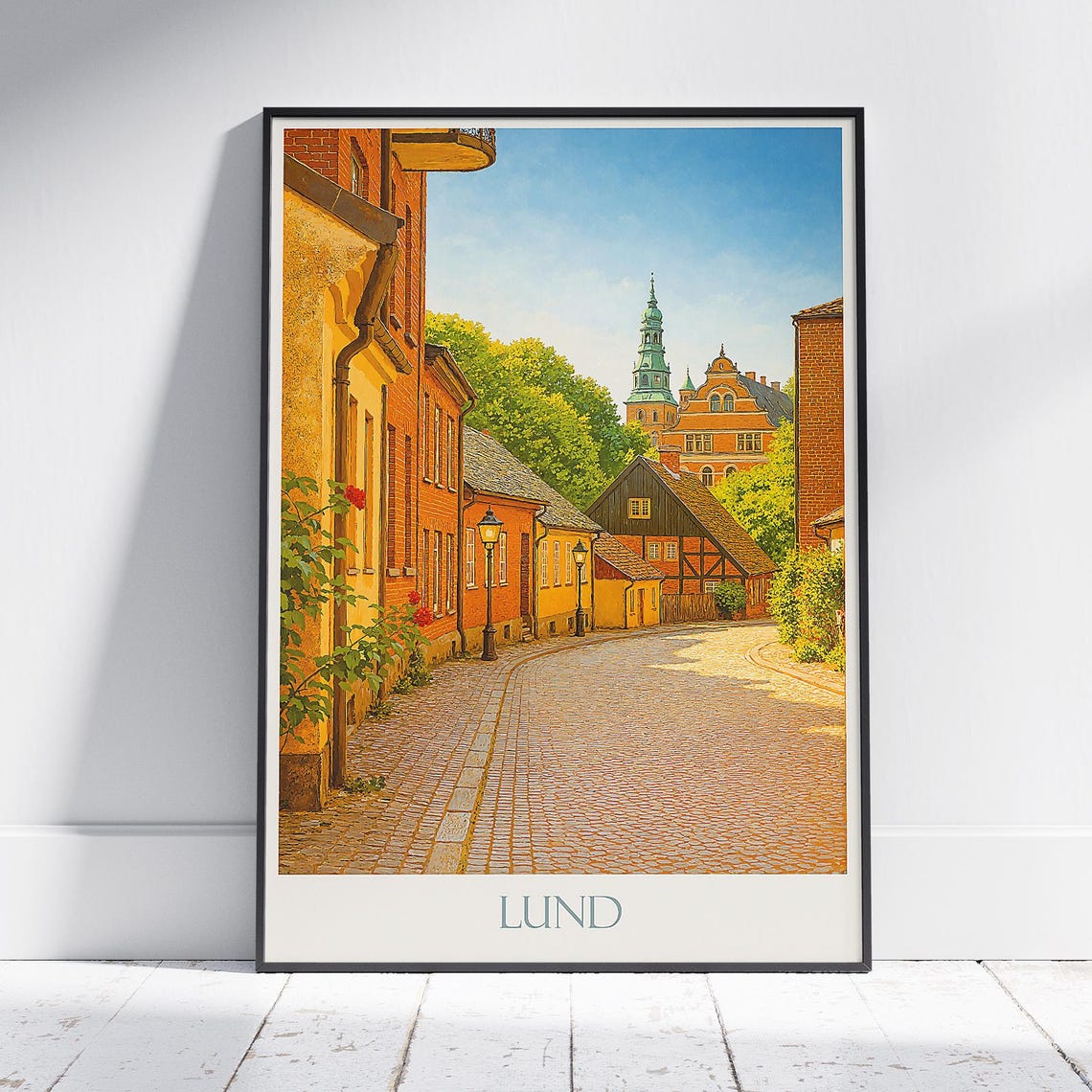 Lund Sweden Cobblestone Old Town Street Vintage Travel Poster