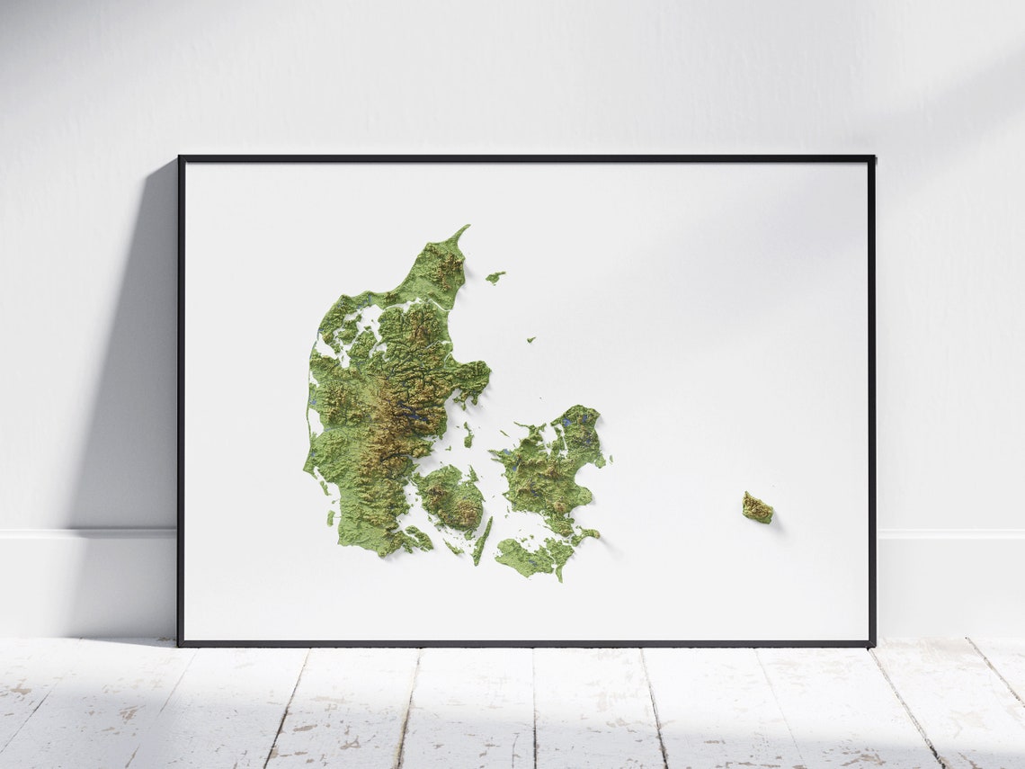 Denmark Aerial Green 3D Shaded Relief Sculpted Terrain Map Poster