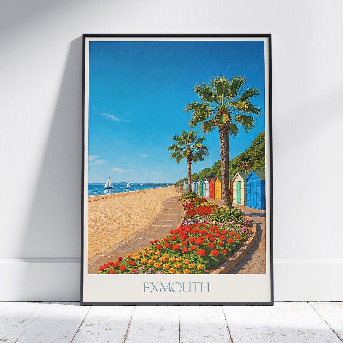 Exmouth Beach Colourful Huts Palm Trees Devon Coast Travel Poster
