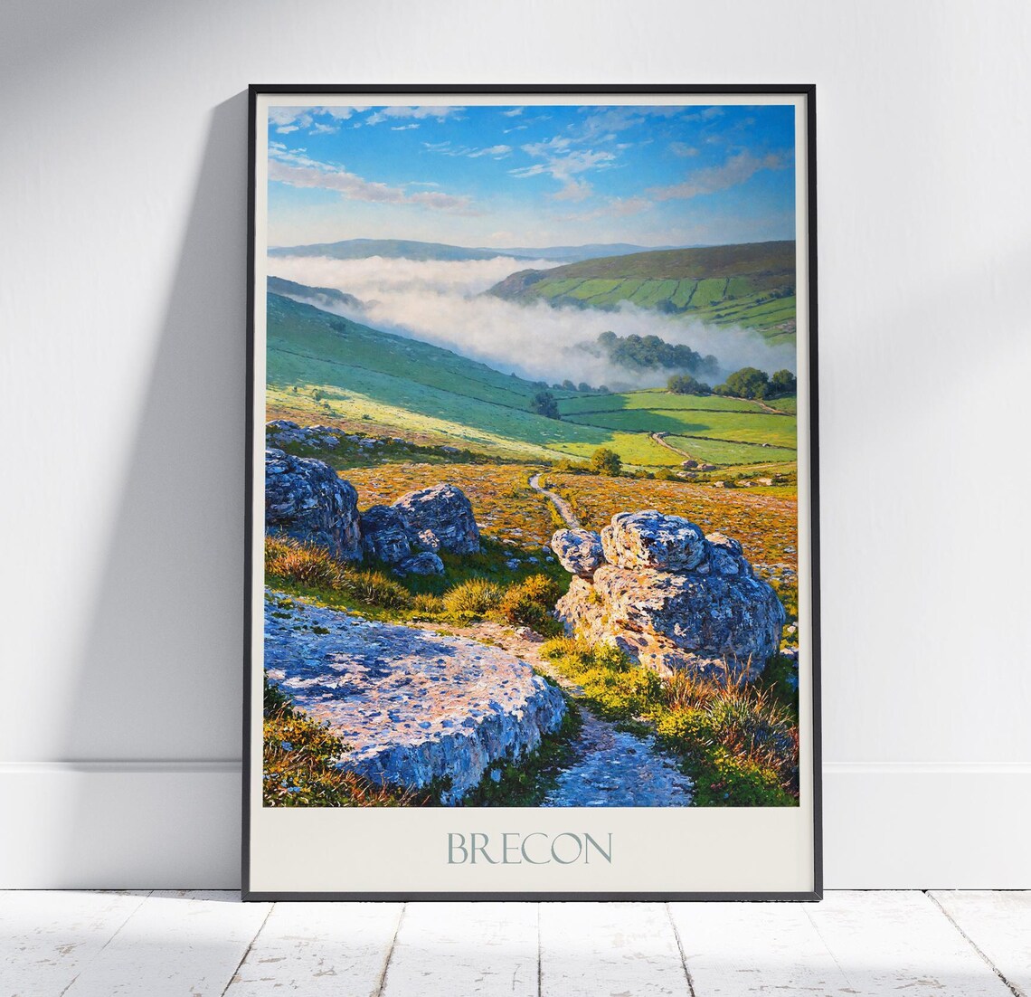 Brecon Wales Travel Poster Misty Mountain Valley Painted Landscape Art
