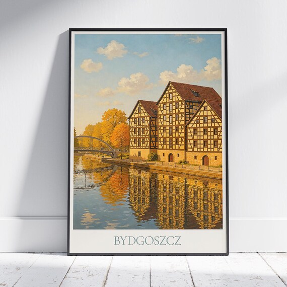 Bydgoszcz Poland Autumn River Granaries Painted Travel Poster