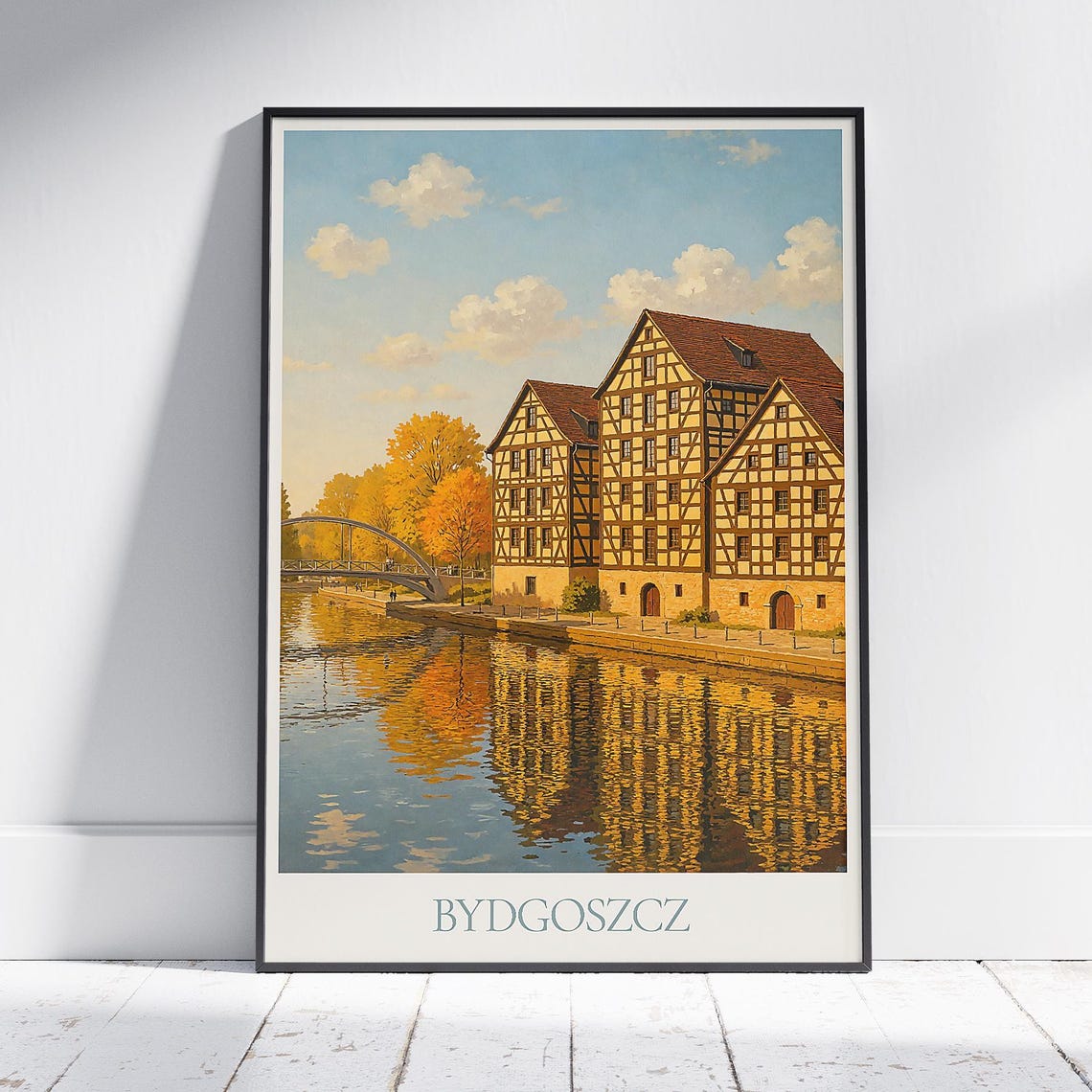 Bydgoszcz Poland Autumn River Granaries Painted Travel Poster