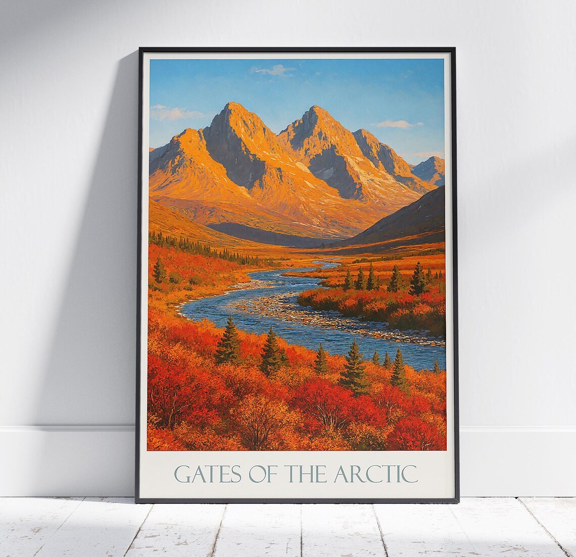 Gates of the Arctic Alaska River Valley Golden Peaks Travel Poster