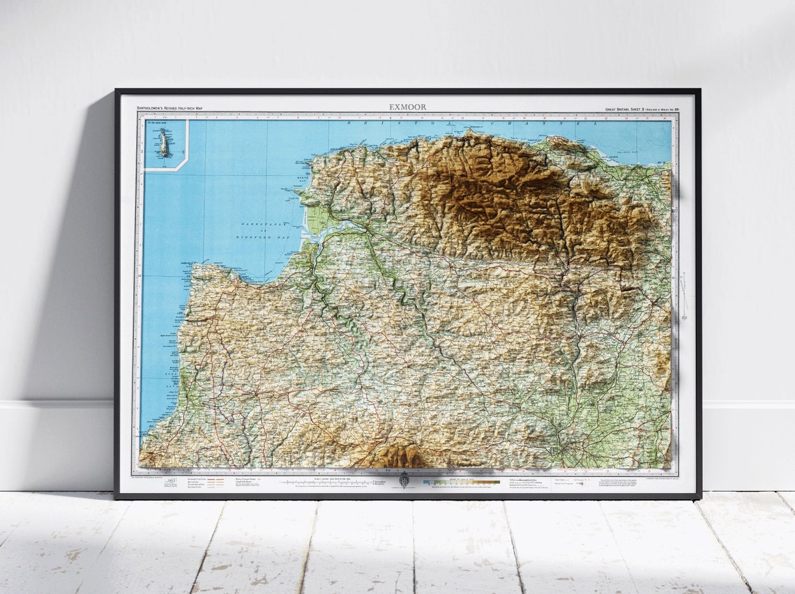 Exmoor England Vintage Shaded Relief Moorland Map Wall Poster
