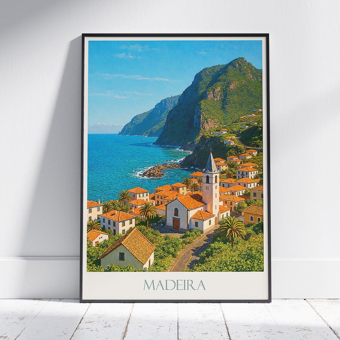 Madeira Travel Poster Vintage Portugal Print Coastal Village Wall Art Funchal Island Landscape Decor European Vacation Gift