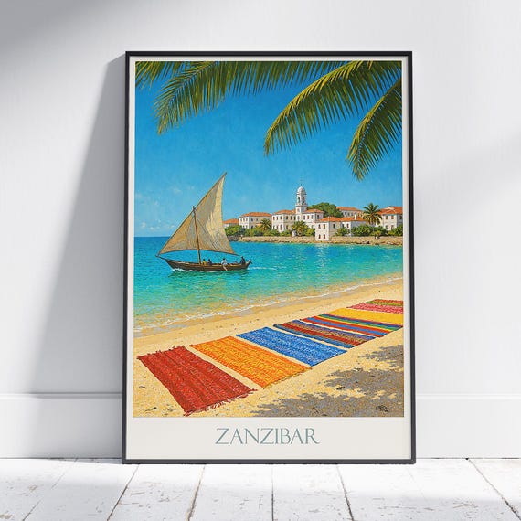 Zanzibar Travel Poster Dhow Sailing Stone Town Art Print Tropical Beach Decor African Coastal Wall