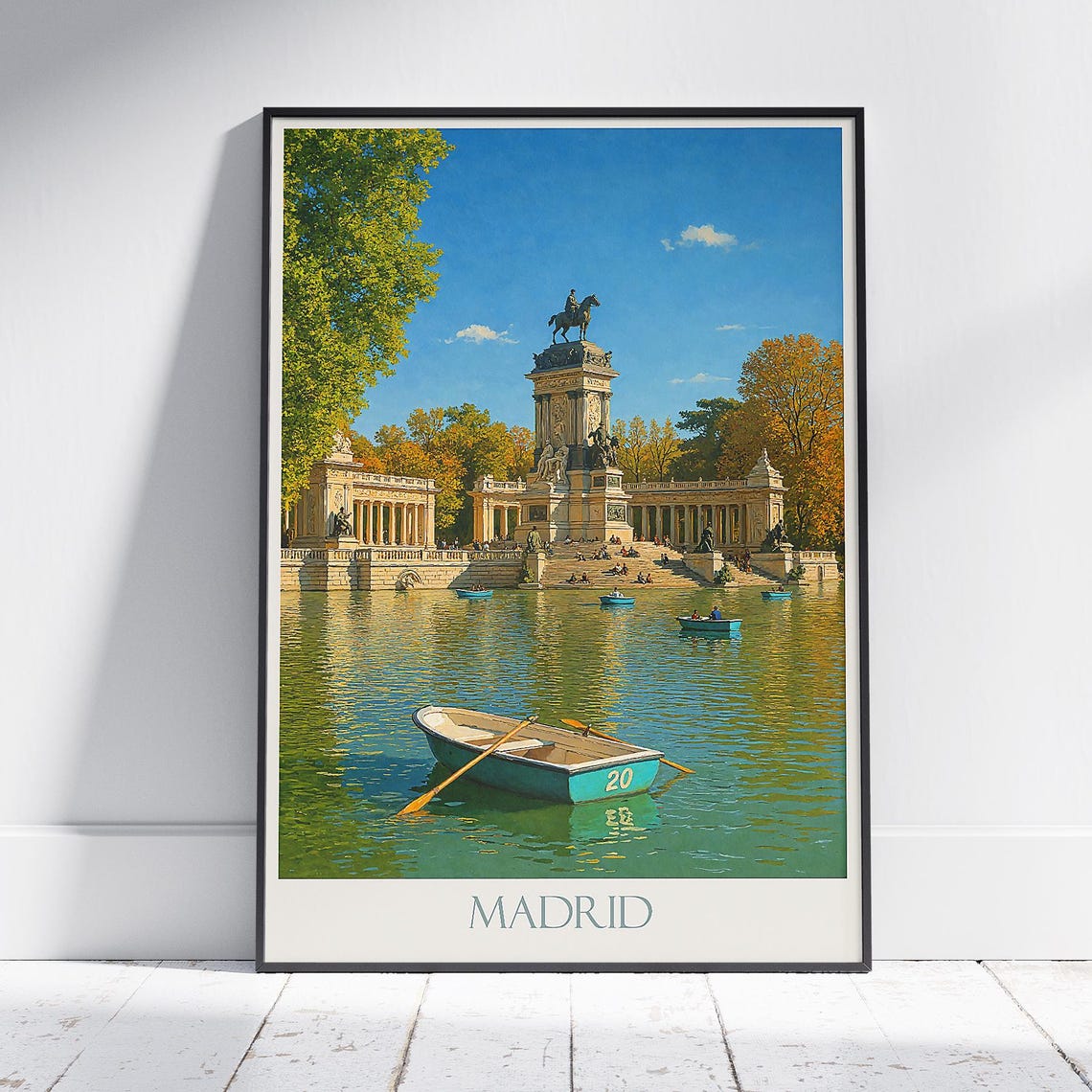 Madrid Retiro Park Rowboat Lake and Monument Daytime Travel Poster