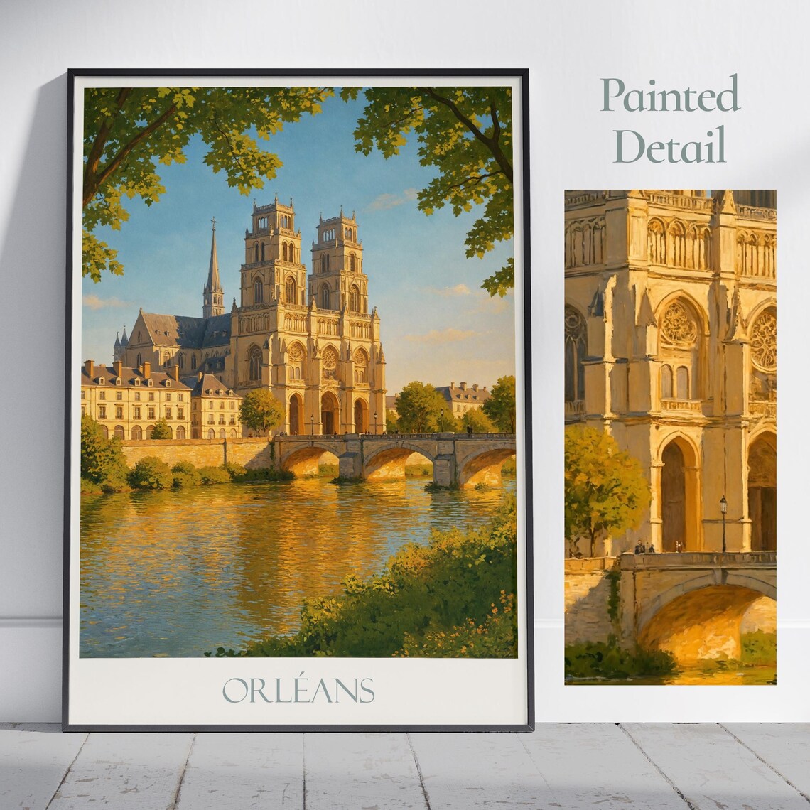 Orleans Cathedral River Bridge Golden Light France Travel Poster
