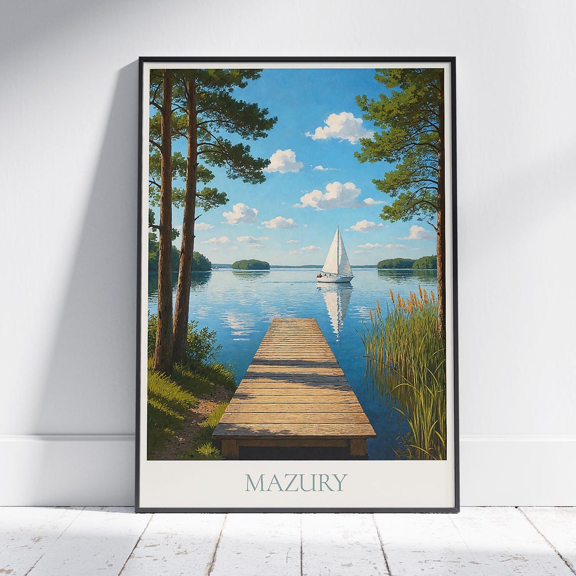 Mazury Masurian Lakes Sailboat Jetty Poster Vintage Polish Nature Art