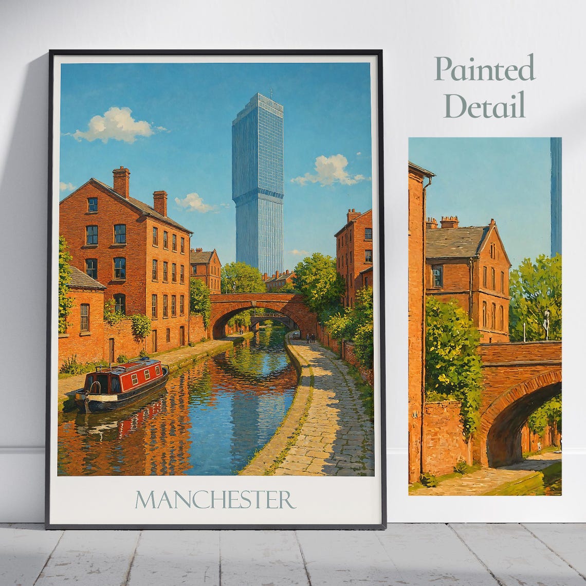 Manchester Travel Poster Canals Tower View Uk Cityscape Wall Art Print Narrowboat Home Decor Gift