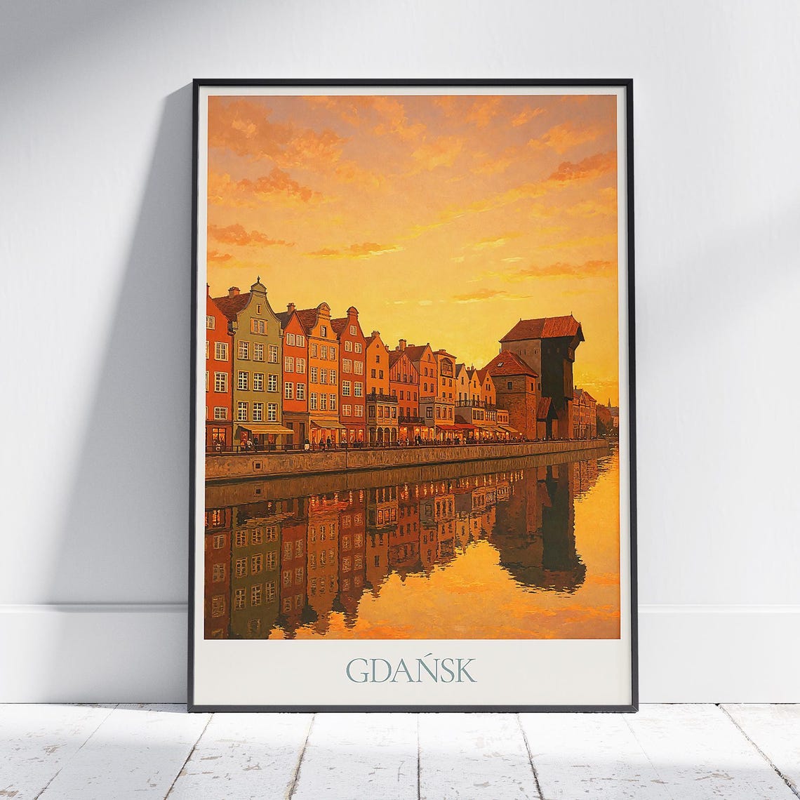 Gdansk Motlawa River Sunset Poster with Hanseatic Townhouses Art