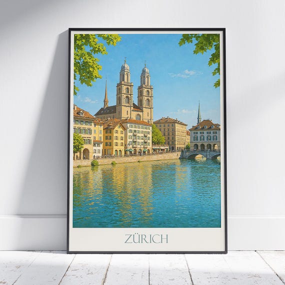 Zrich Travel Poster Switzerland Wall Art Print Vintage Style Home Decor Grossmnster Cityscape Gift