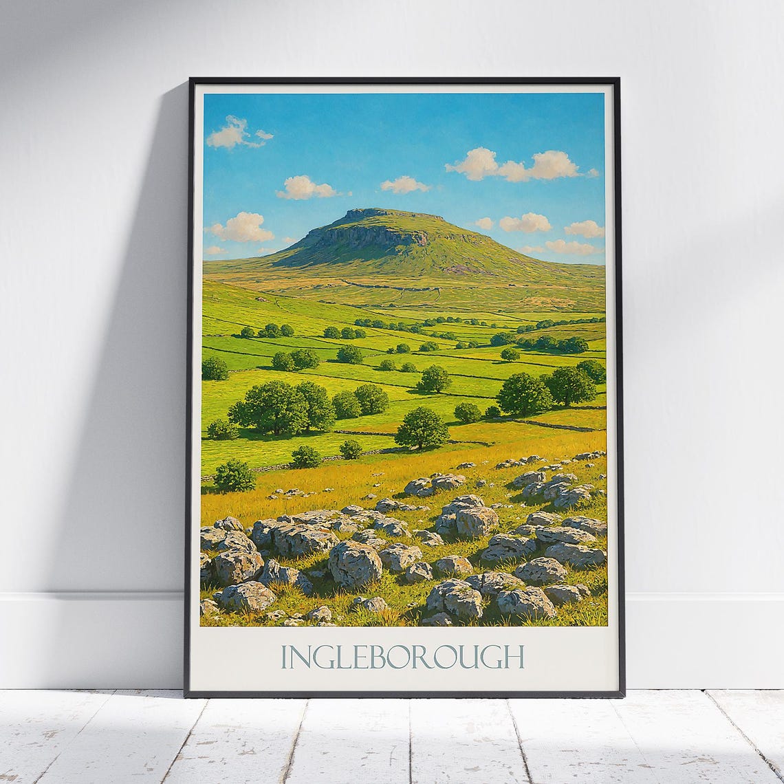 Ingleborough Hill Sunny Painted View Over Green Dale Fields Poster