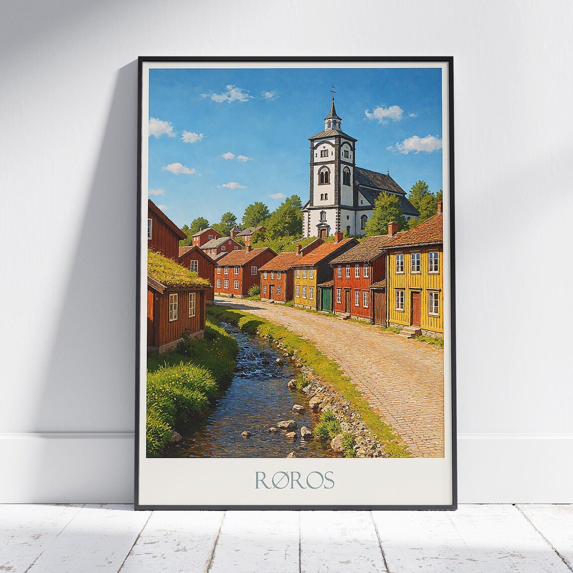 Roros Norway Historic Mining Town and Church Painted Travel Poster