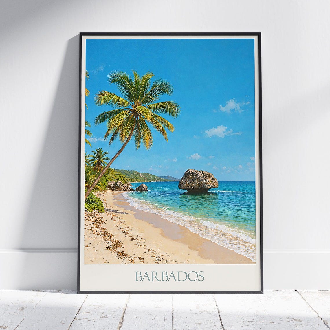 Barbados Tropical Beach Leaning Palm Trees Vintage Travel Poster