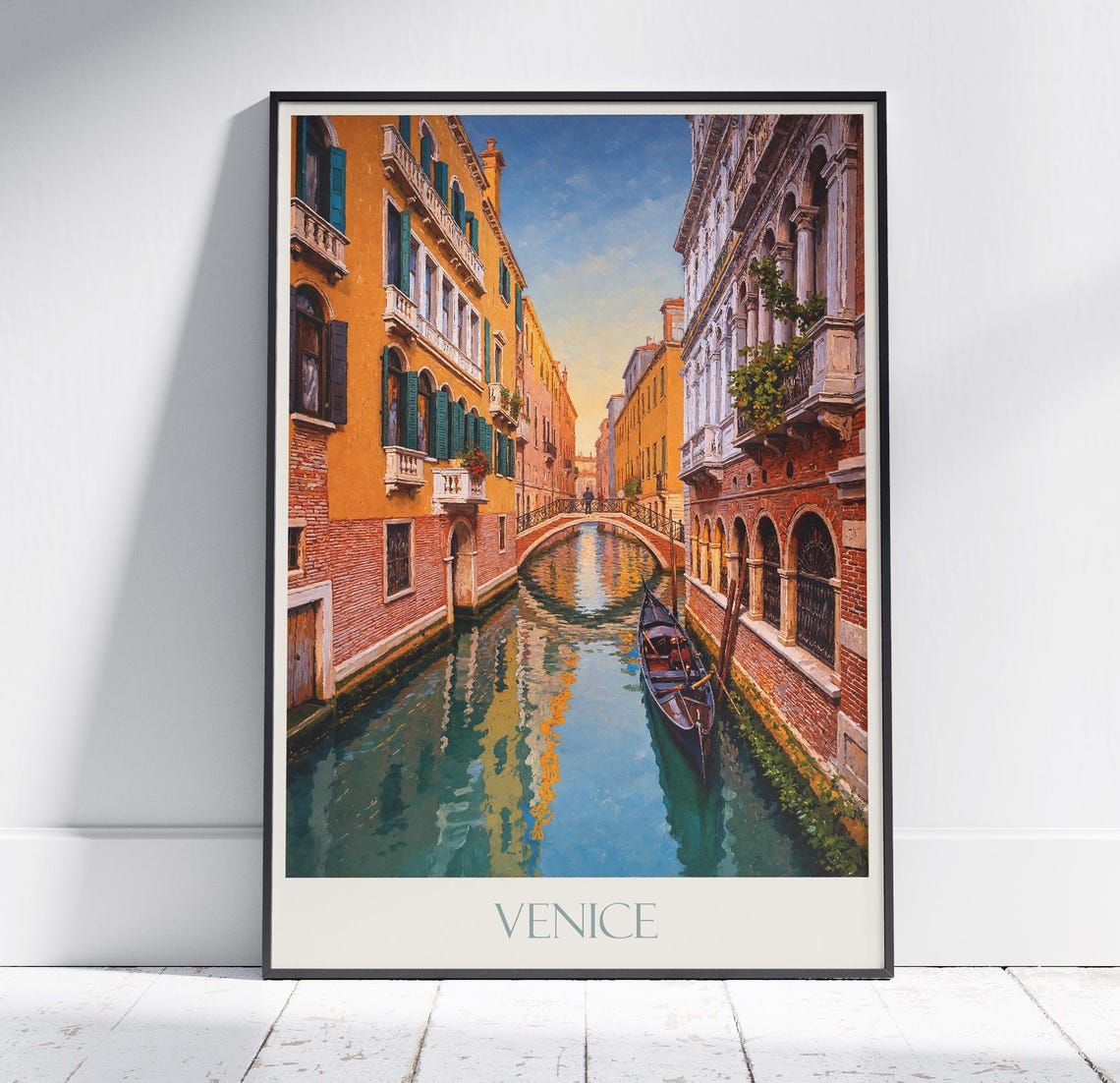 Venice Italy Canal Gondola Sunset Golden Painted Travel Poster