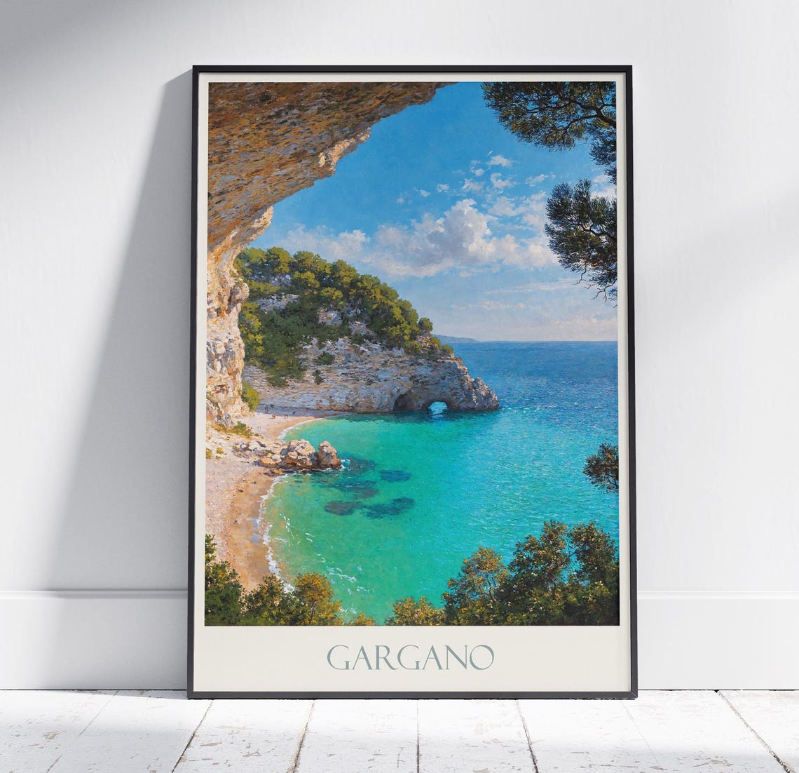 Gargano Sunny Rocky Cove Beach Cliffs Puglia Italy Travel Poster