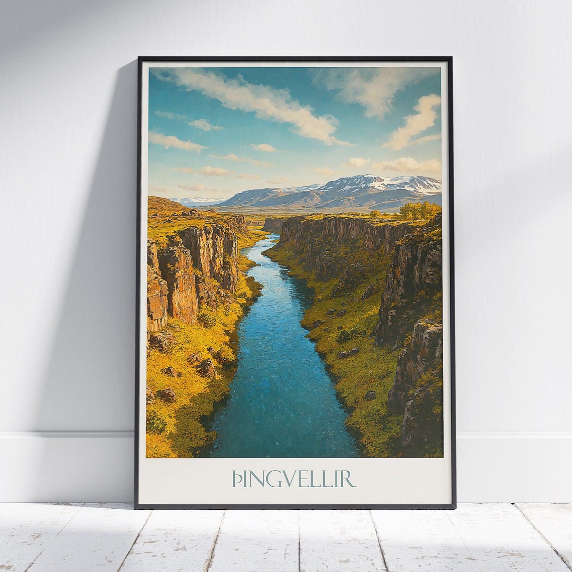 Thingvellir Iceland River Gorge and Distant Snowy Peak Travel Poster