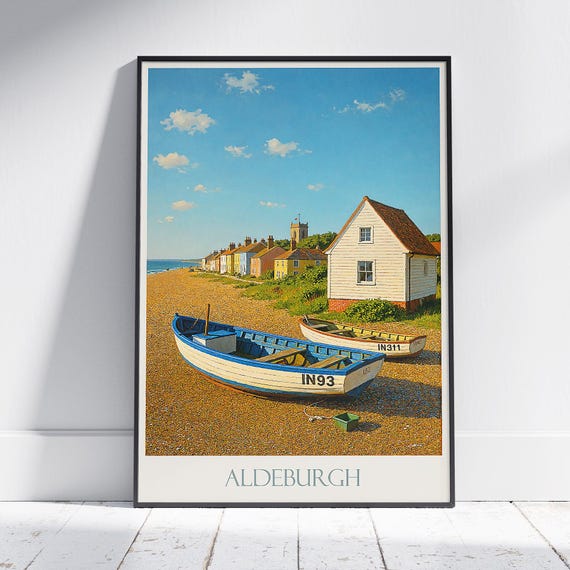 Aldeburgh Travel Poster Suffolk Coast Art Print Vintage British Seaside Wall Decor Beach Hut Fishing Boat