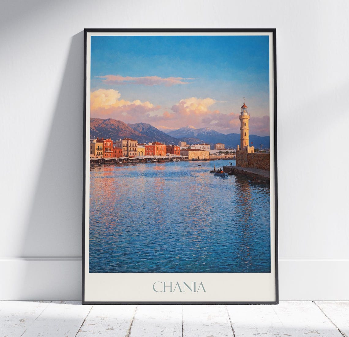 Chania Crete Lighthouse Sunset Harbor Golden Painted Travel Poster