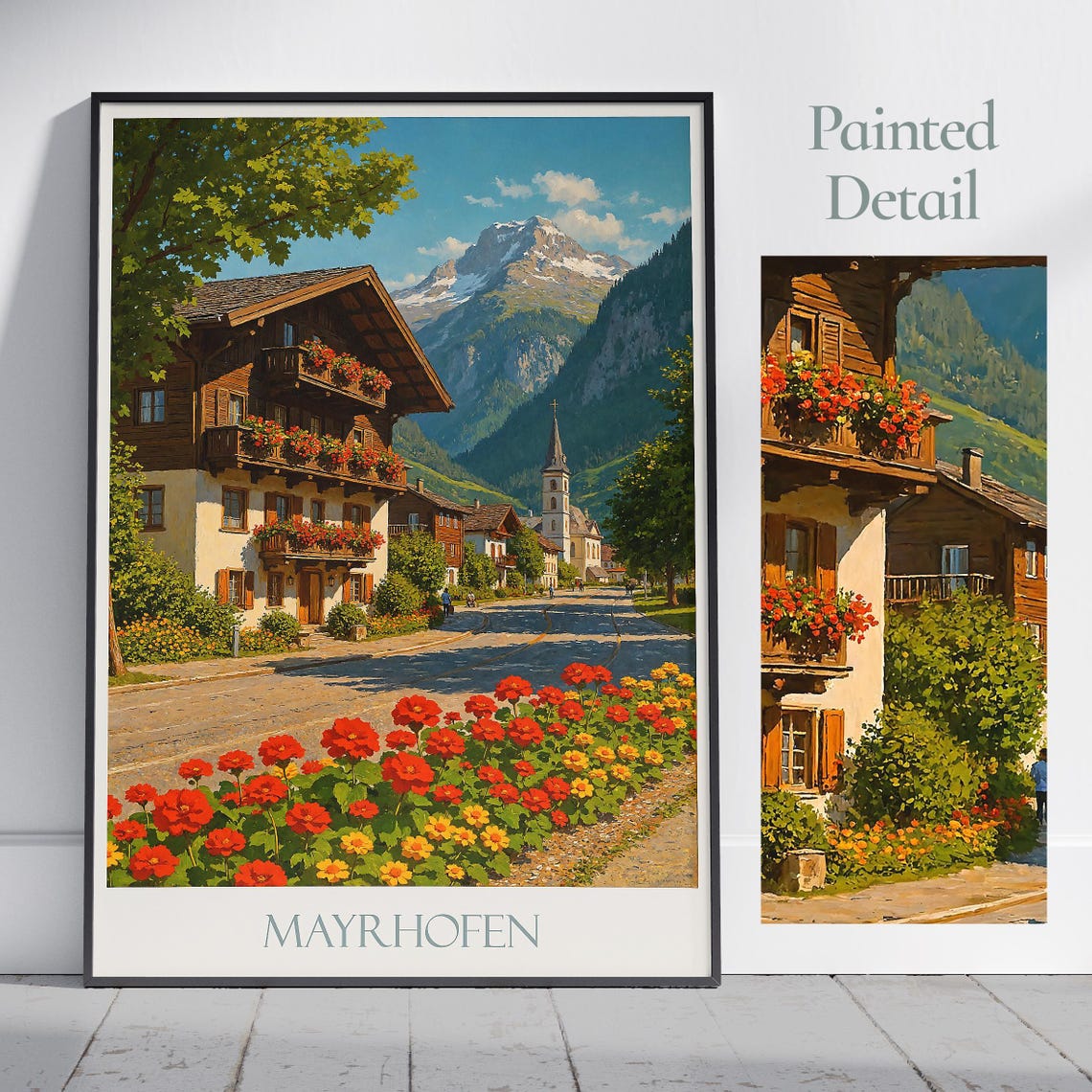 Mayrhofen Alpine Village Flower Chalets Mountain Travel Poster