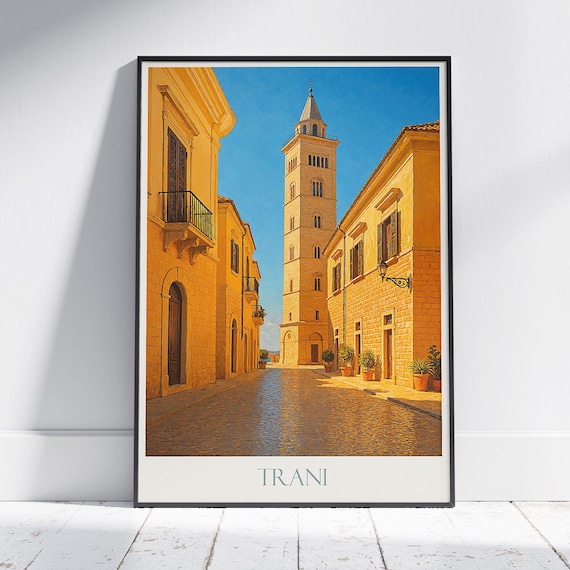 Trani Bell Tower Sunlit Stone Street Puglia Italy Travel Poster