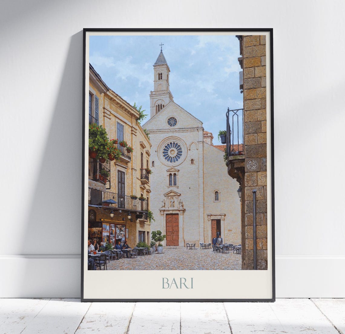 Bari Italy Painted Church Square With Rose Window And Cafes Poster