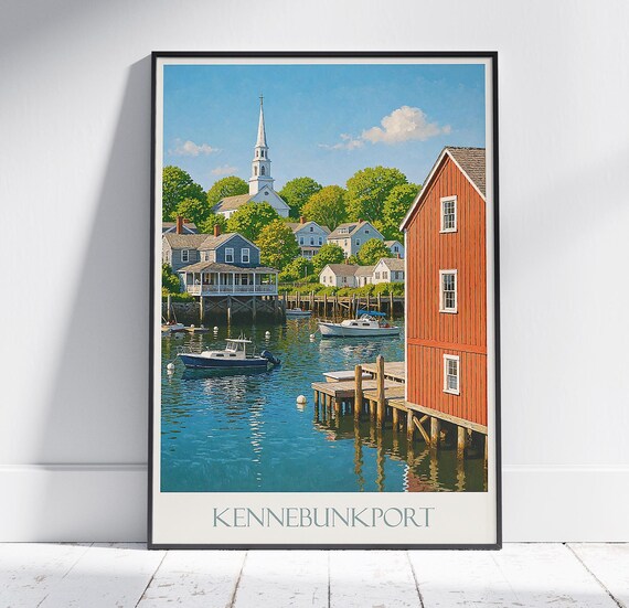 Kennebunkport Maine Harbor Boats White Church Coastal Travel Poster
