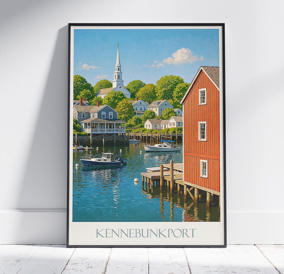 Kennebunkport Maine Harbor Boats White Church Coastal Travel Poster