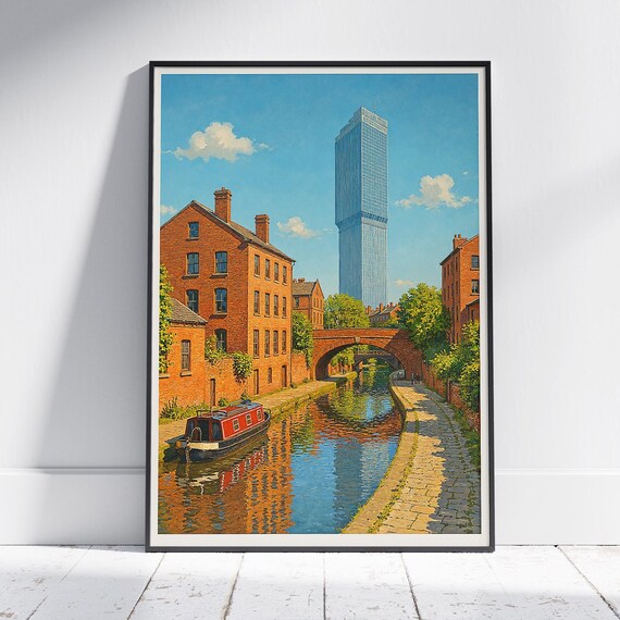 Manchester Canal Narrowboat Brick Warehouses Tower Painted Poster