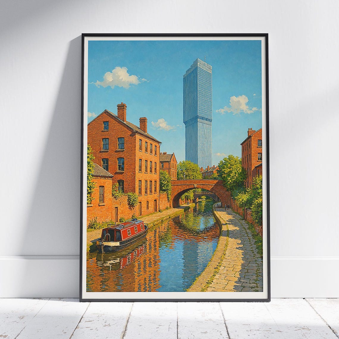 Manchester Canal Narrowboat Brick Warehouses Tower Painted Poster
