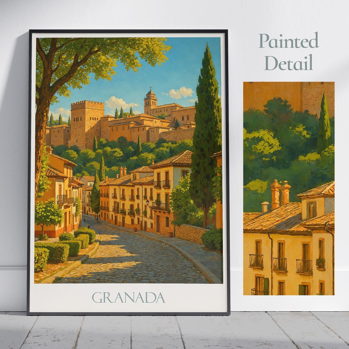 Granada Old Town Cobblestone Street Alhambra Hill View Travel Poster