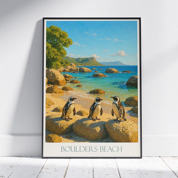 Boulders Beach Travel Poster South Africa Penguin Art Print Coastal Wildlife Decor
