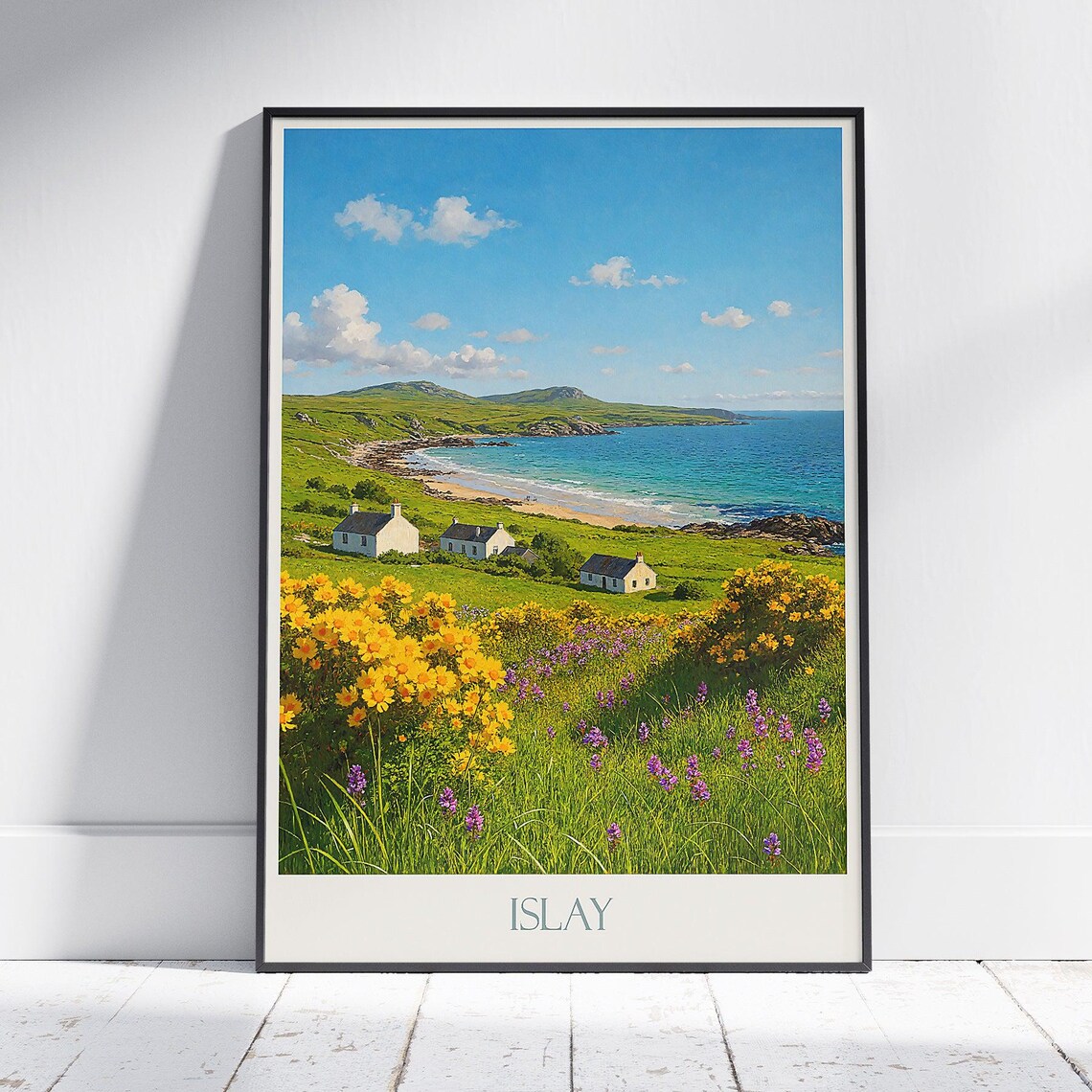 Islay Scotland White Cottages Gorse Coast Wildflower Travel Poster
