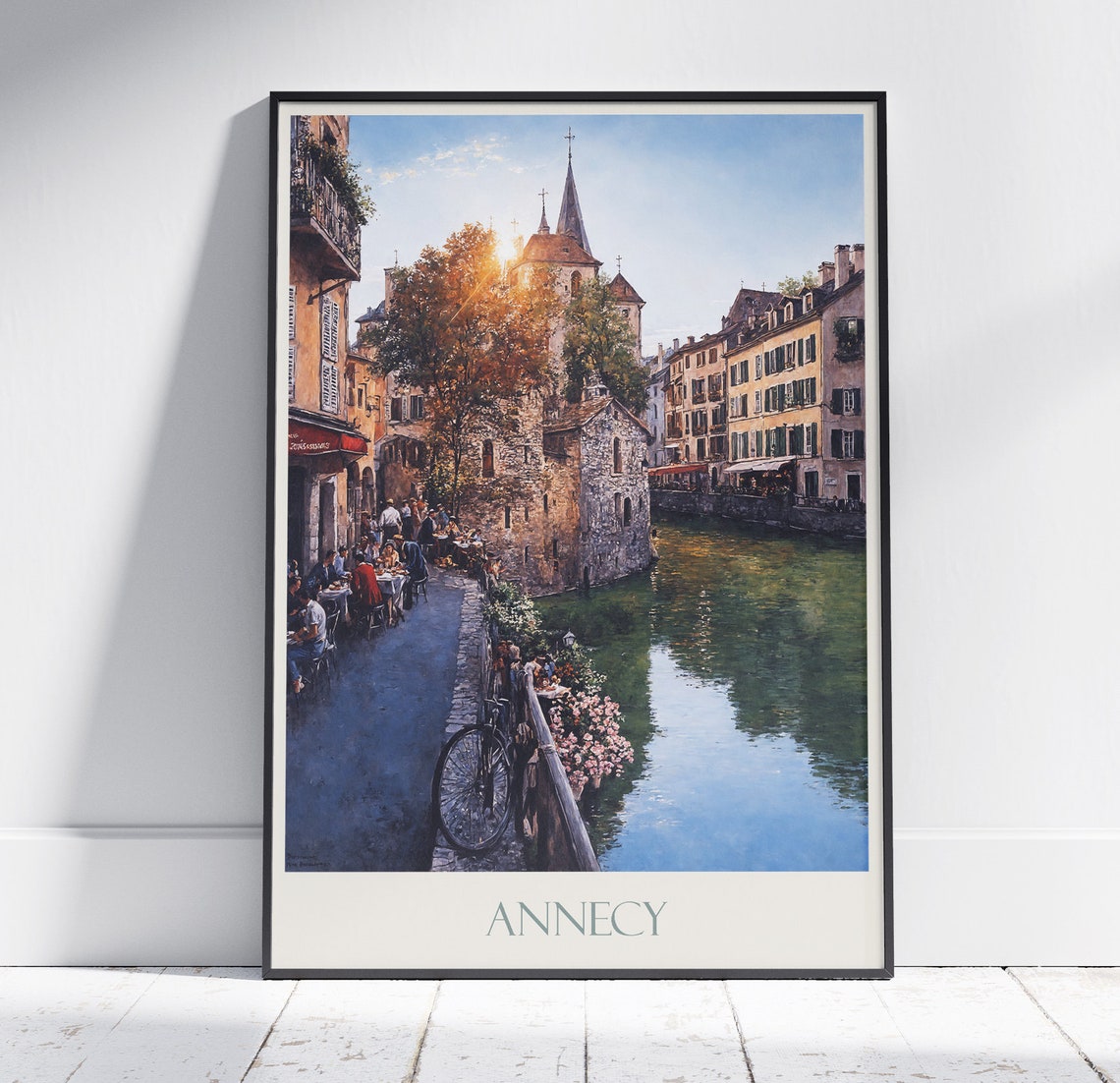 Annecy France Painted Canal Cafes And Church Spire Evening Poster