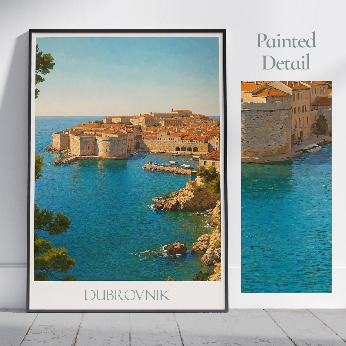 Dubrovnik Croatia Walled Old City Turquoise Sea Painted Travel Poster