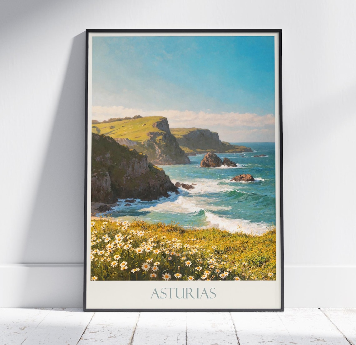 Asturias Spain Painted Travel Poster Rugged Coast Cliffs Wildflowers