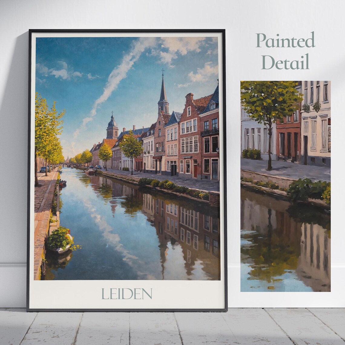 Leiden Netherlands Historic Canal Houses Painted Travel Poster