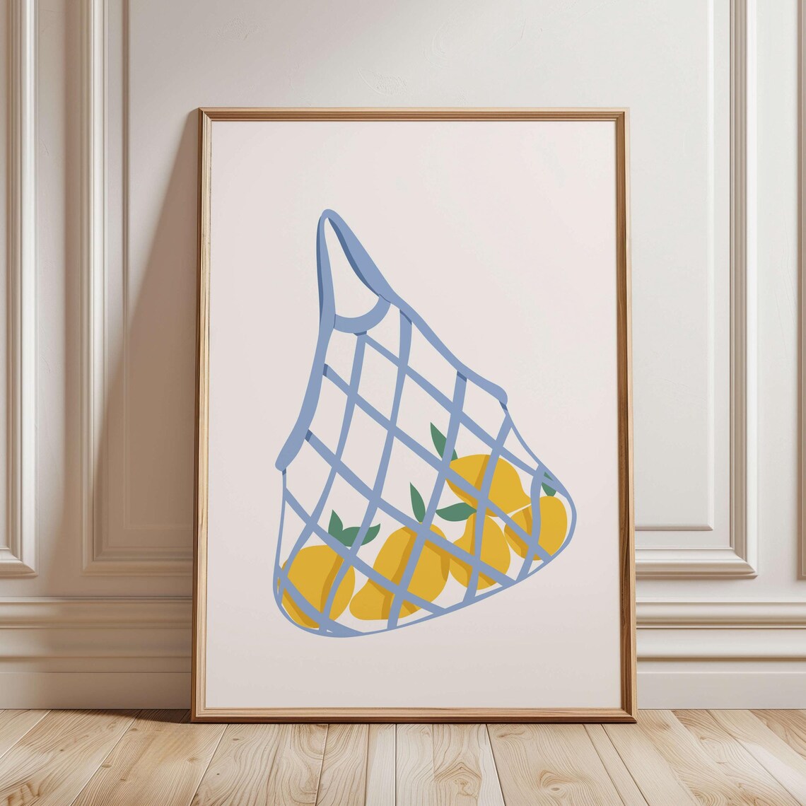 Lemons In Mesh Bag Poster Bright Kitchen Fruit Illustration Citrus Decor