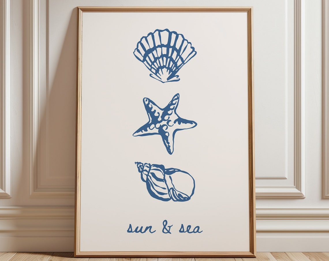Sun And Sea Blue Line Art Shell Starfish Coastal Ocean Art Poster